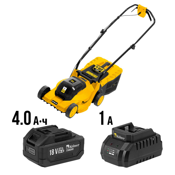 Фото Газонокосилка бесщёточная 18V UNI-M, BL мотор, 33 см Kolner KLM 18BL-330-1 (1х4.0 Ач, ЗУ)