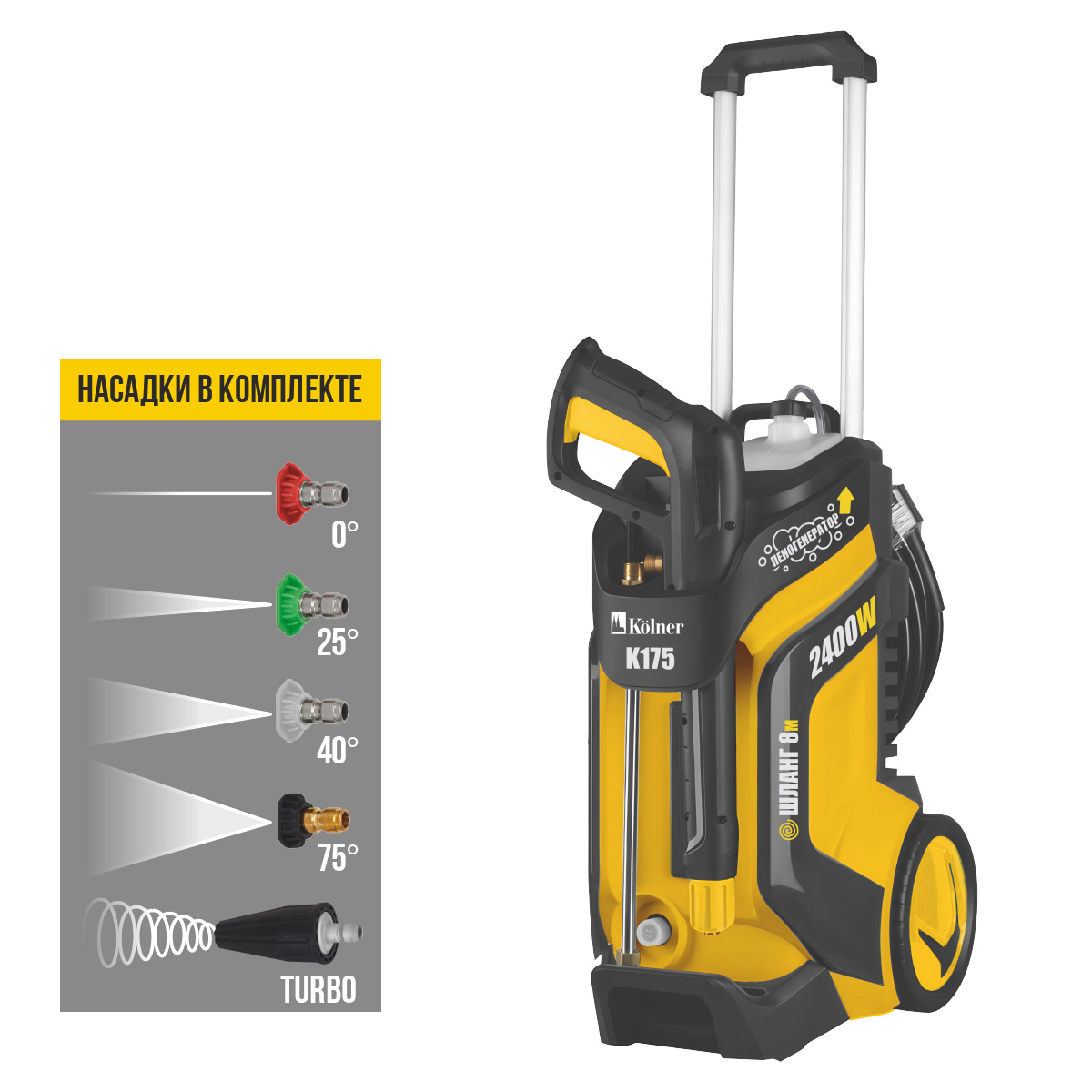 Мойка высокого давления Kolner К175, 2400 Вт, 175 Бар, 450 л/ч, шланг 8 м