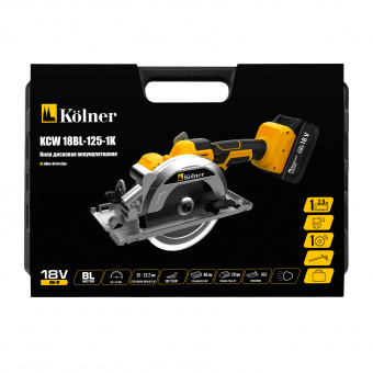 Изображение Пила дисковая аккум. Kolner KCW 18BL-125-1K, 18V UNI-M Standard, с АКБ 1х3.0 А·ч и ЗУ, в кейсе в каталоге Kolner
