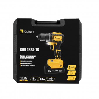 Изображение Дрель-шуруповёрт 18V UNI-M, 38Нм, BL, 10 мм Kolner KDD 18BL-1K (1х2Ач, ЗУ, кейс) в каталоге Kolner